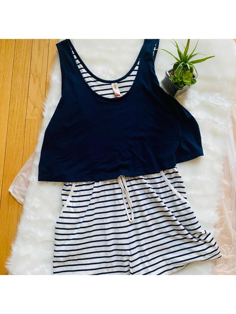 No Boundaries High Waist Blue and White Striped Romper XL